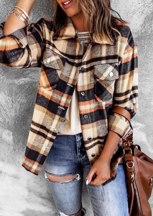

Plaid Button Turn-down Collar Coat - Khaki, 521055