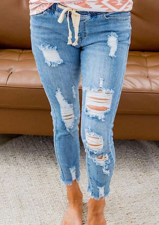

Ripped Hole Frayed Hem Pocket Denim Jeans - Light Blue, 521109