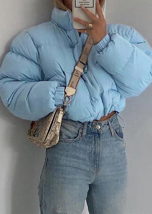 

Zipper Button Pocket Crop Parka Coat - Blue, 521130