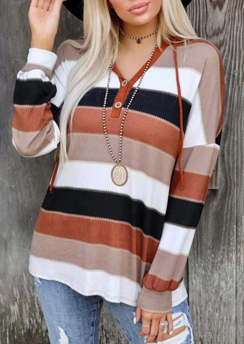 

Striped Button Long Sleeve Hoodie, Multicolor, 521144