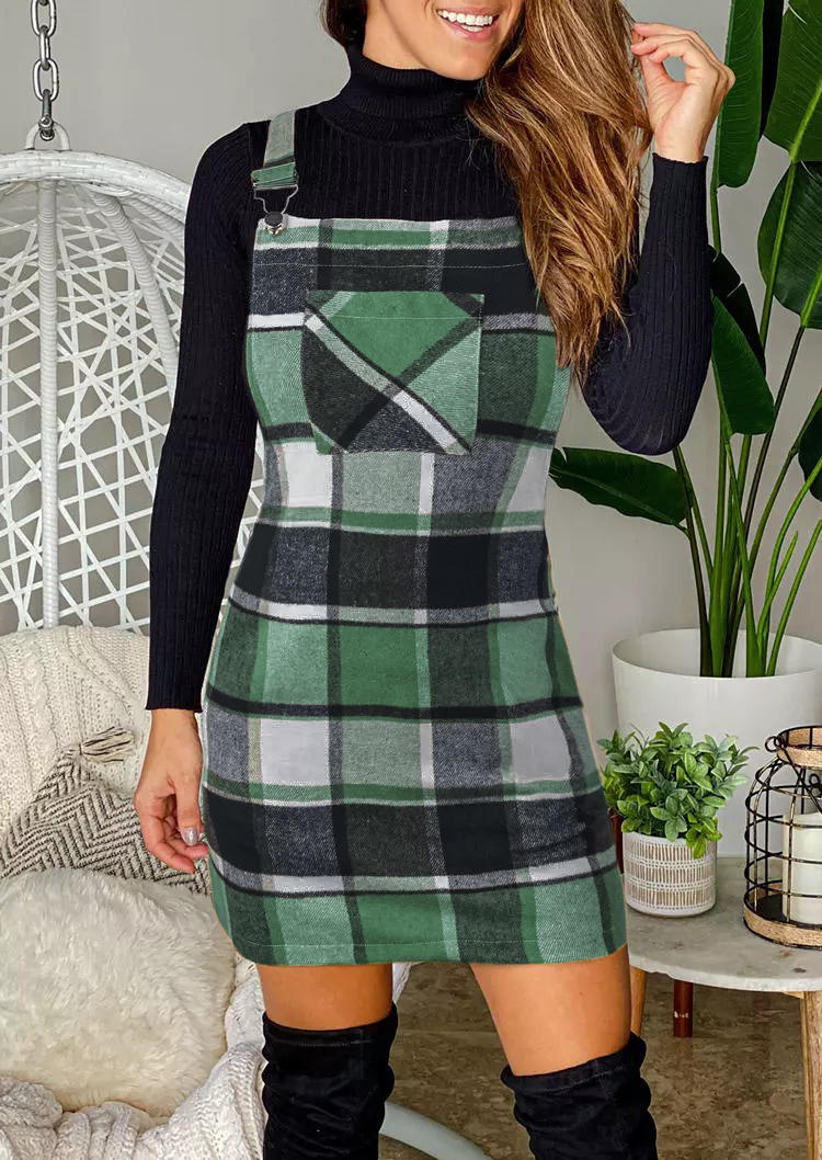 

Plaid Pocket Button Overall Mini Dress, Multicolor, 521147