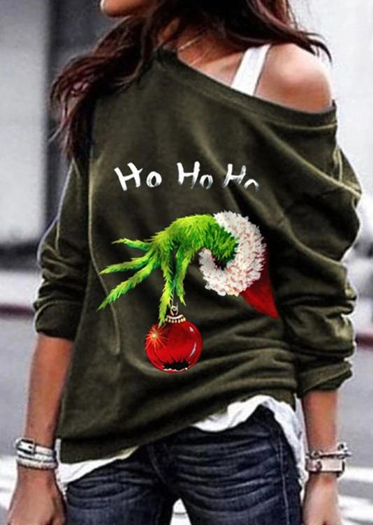 

Christmas Ho Ho Ho Long Sleeve Sweatshirt - Army Green, 521154