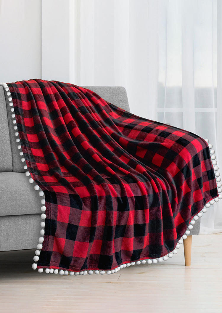 

Christmas Pom Pom Trim Plaid Flannel Blanket - Red, 521156