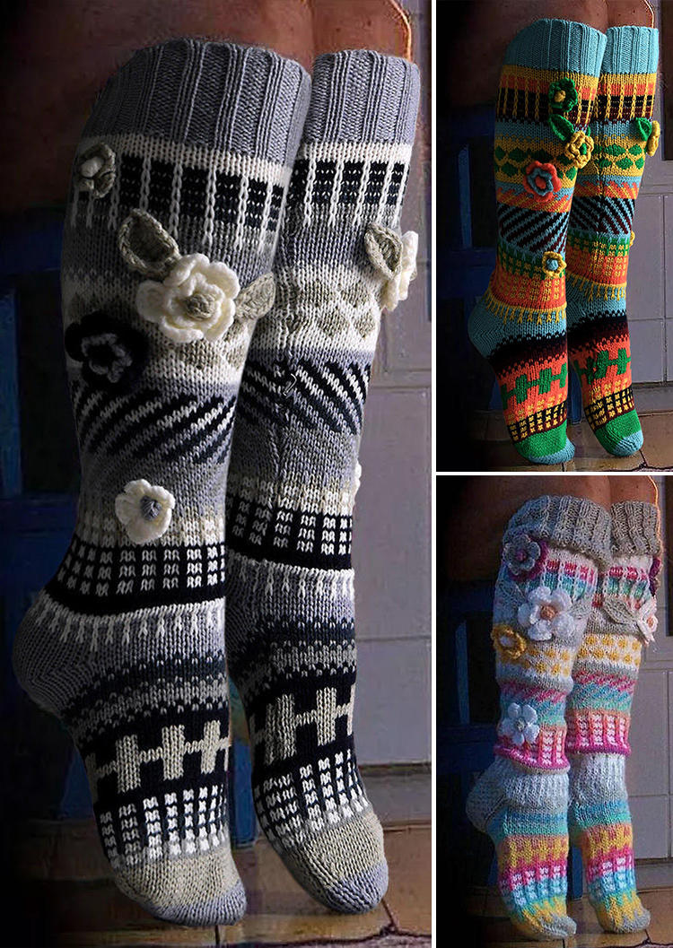 

3 Pairs Flower Rainbow Over Knee Knitted Sock Set, Multicolor, B112513
