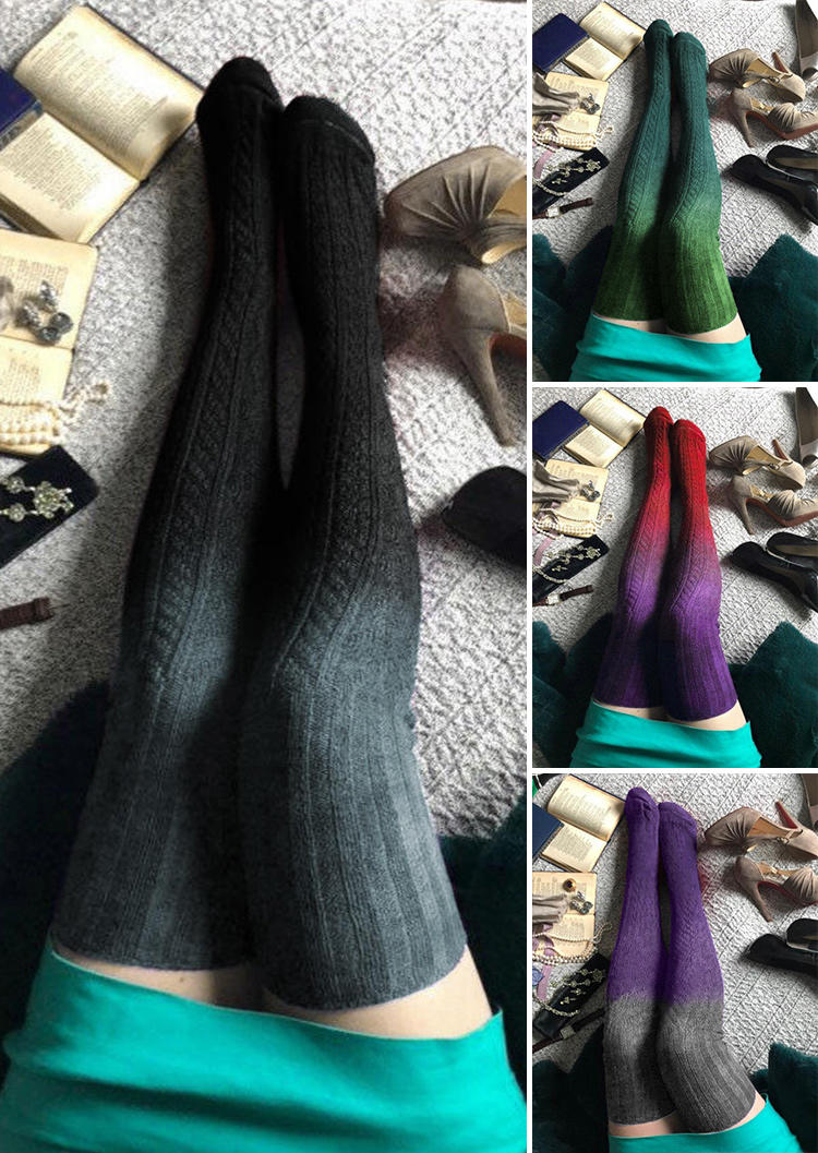 

4 Pairs Gradient Warm Over Knee Long Knitted Sock Set, Multicolor, B112697