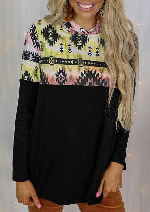 Buy Aztec Geometric Long Sleeve Hoodie - Black. Picture