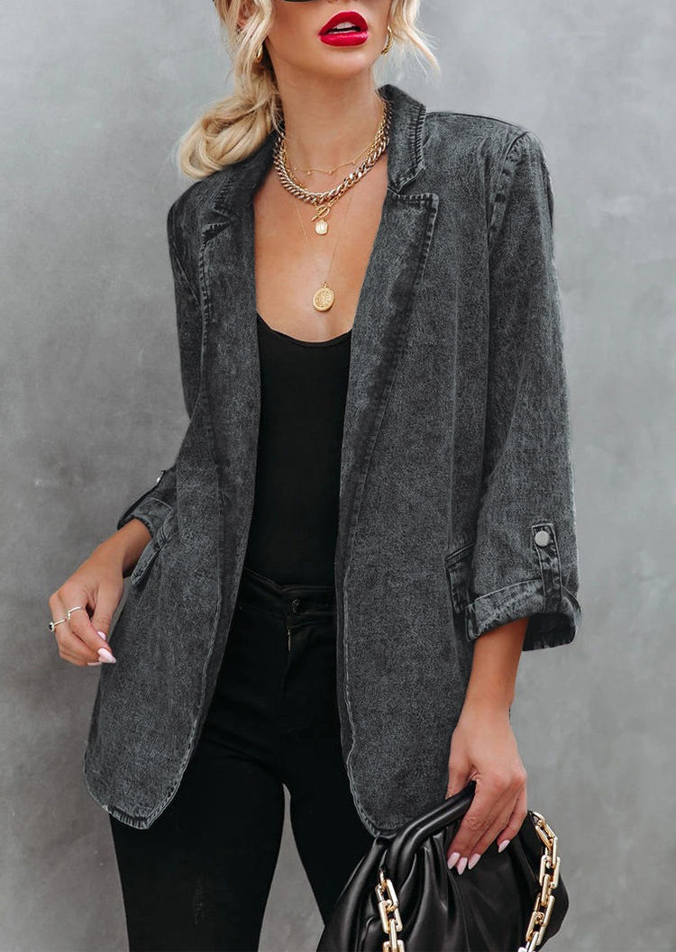 

Washed Denim Turn-down Collar Blazer - Black, 520091