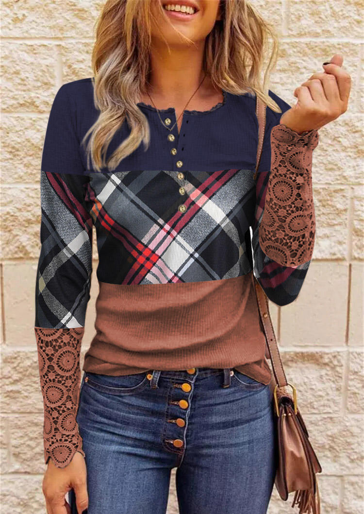 

Plaid Color Block Lace Blouse - Blue, 520568