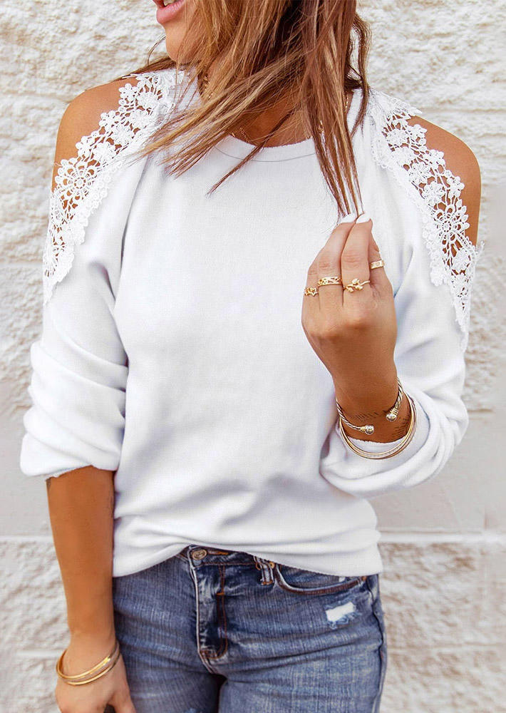 

Lace Splicing Hollow Out Cold Shoulder Blouse - White, 520597