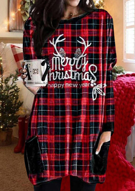 

Merry Christmas Plaid Pocket Long Sleeve Blouse, 520619