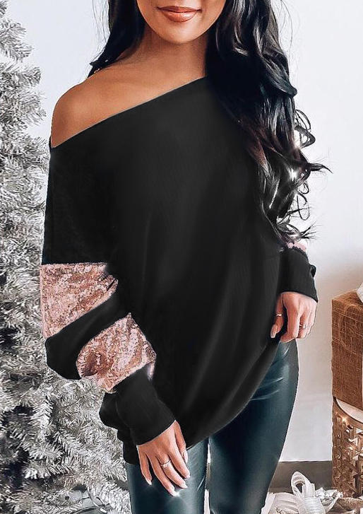 

Sequined Splicing Long Sleeve Blouse - Black, 520626