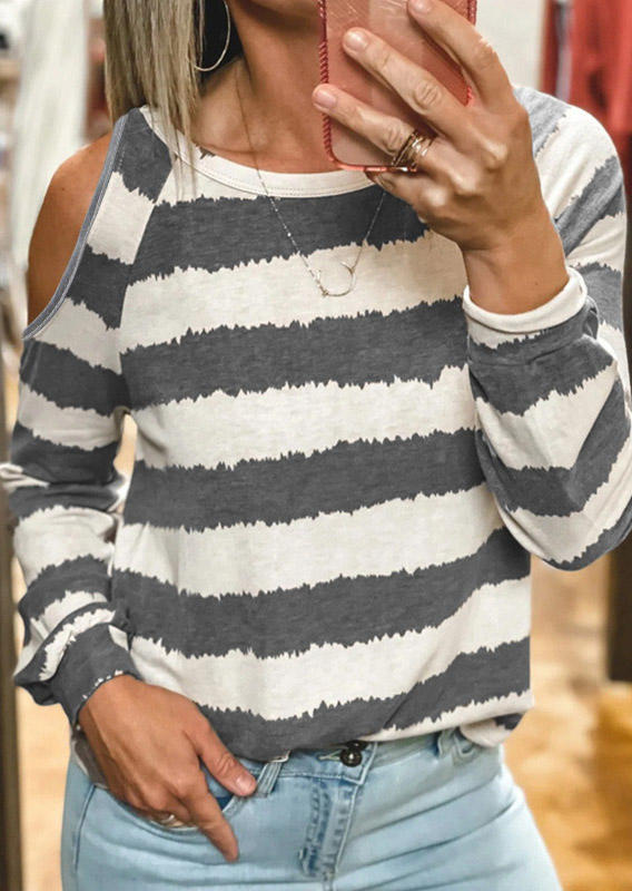 

Striped One Sided Cold Shoulder Blouse - Gray, 520659