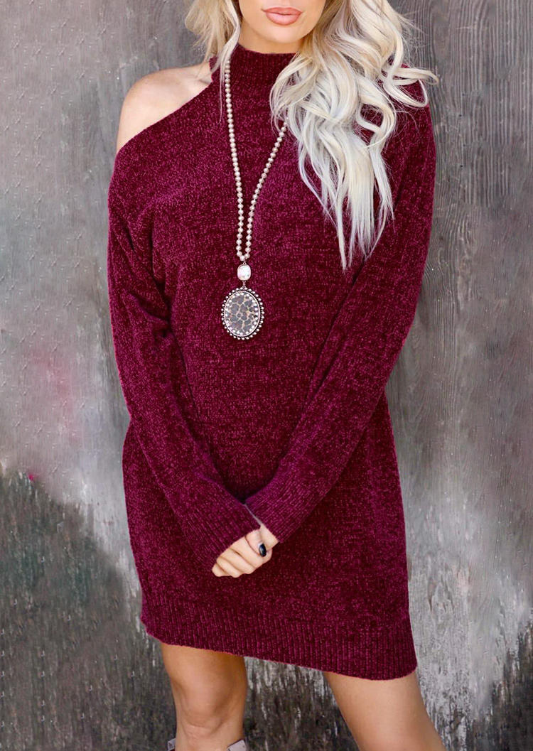 One Sided Cold Shoulder Sweater Mini Dress - Burgundy