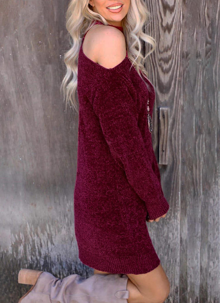 One Sided Cold Shoulder Sweater Mini Dress - Burgundy