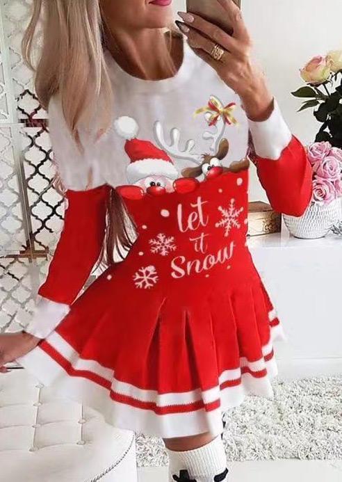 

Christmas Let It Snow Santa Claus Pleated Mini Dress - Red, 521049