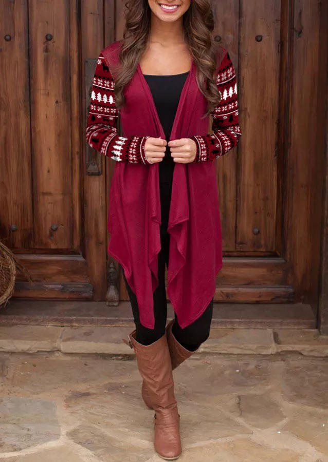 

Christmas Tree Irregular Long Sleeve Cardigan - Rose Red, 521148