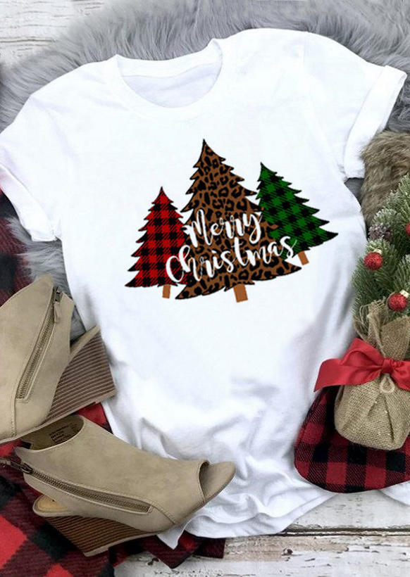 

Merry Christmas Tree Leopard Plaid T-Shirt Tee - White, 521188