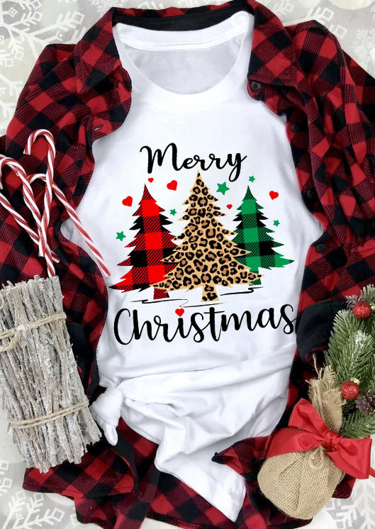 

Merry Christmas Leopard Plaid T-Shirt Tee - White, 521196