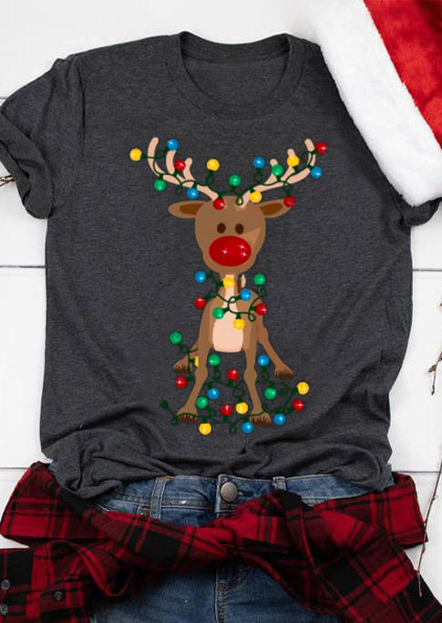 

Christmas Reindeer O-Neck T-Shirt Tee - Gray, 521205