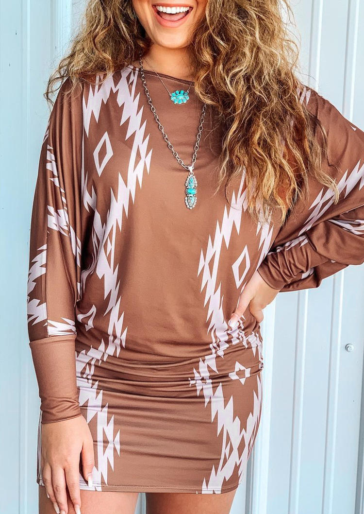 Buy Aztec Geometric Long Sleeve Mini Dress. Picture