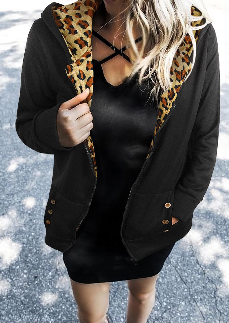 

Leopard Button Zipper Pocket Hooded Coat - Black, 520371