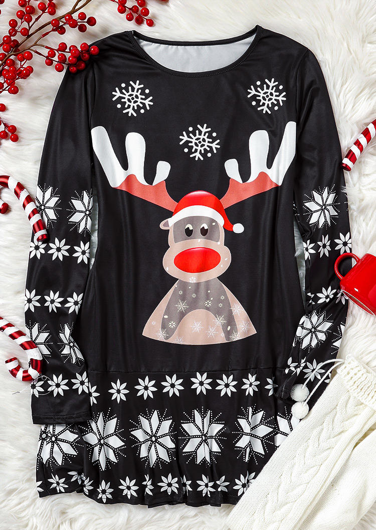 Reindeer Snowflake Mini Dress - Black