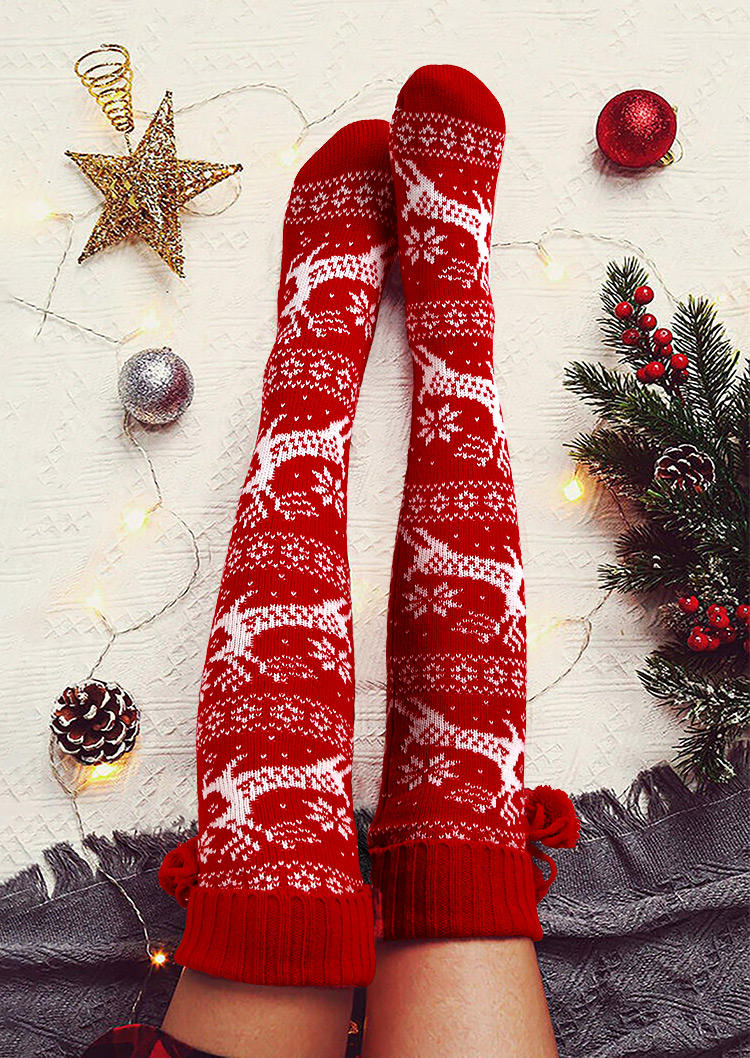 

Christmas Reindeer Knitted Thigh-High Socks - Red, 520490