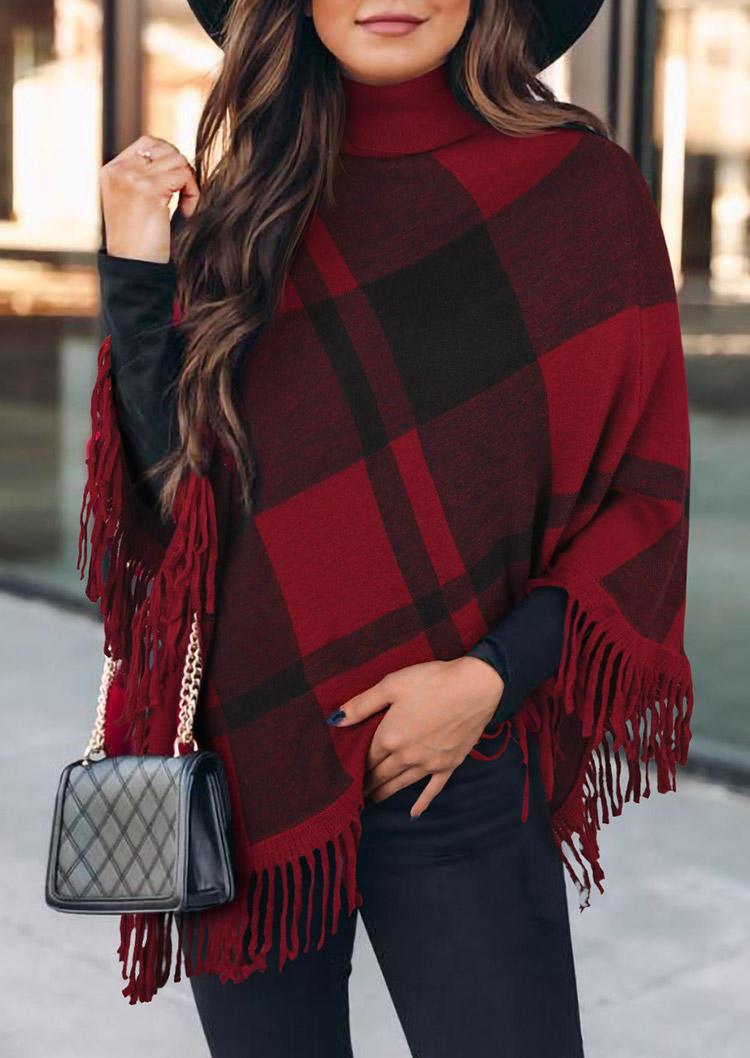 

Plaid Tassel Turtleneck Cloak Coat - Red, 520704