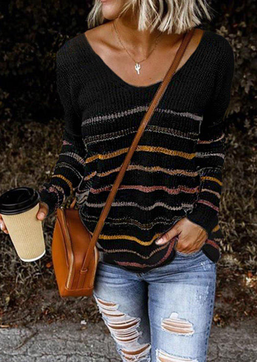 

Colorful Striped Long Sleeve Sweater - Black, 521004