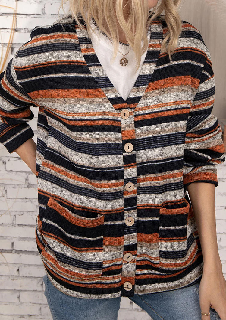 

Striped Button Knitted V-Neck Cardigan Sweater, Multicolor, 521022