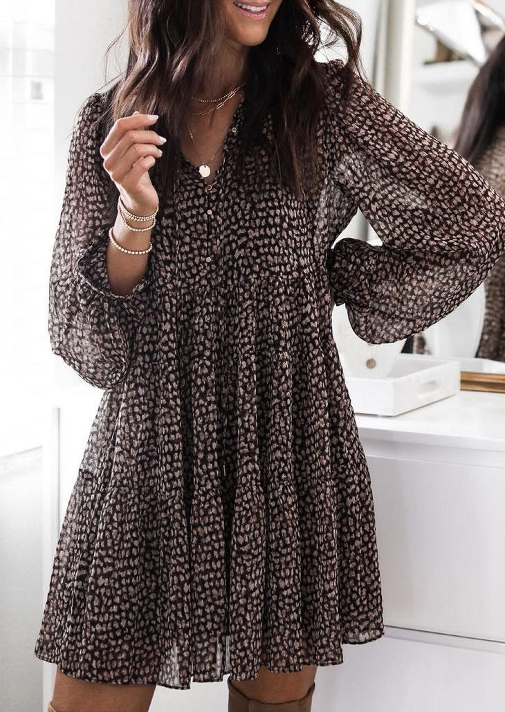 

Floral Elastic Cuff Long Sleeve Mini Dress, Multicolor, 521069