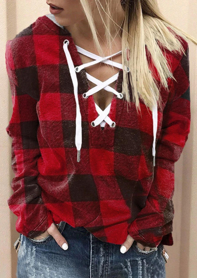 

Buffalo Plaid Lace Up Long Sleeve Blouse - Red, 521151