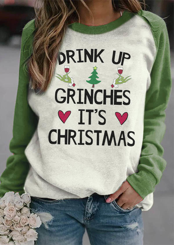 

Drink Up It's Christmas Cartoon Hand Heart Sweatshirt - Green, 521264