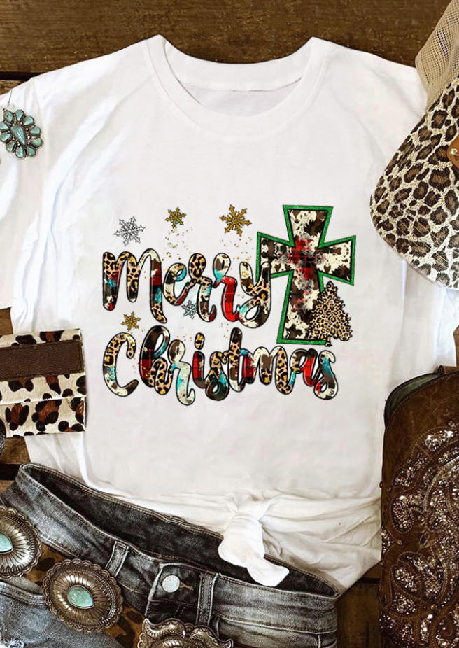 Merry Christmas Leopard Cross T-Shirt Tee - White