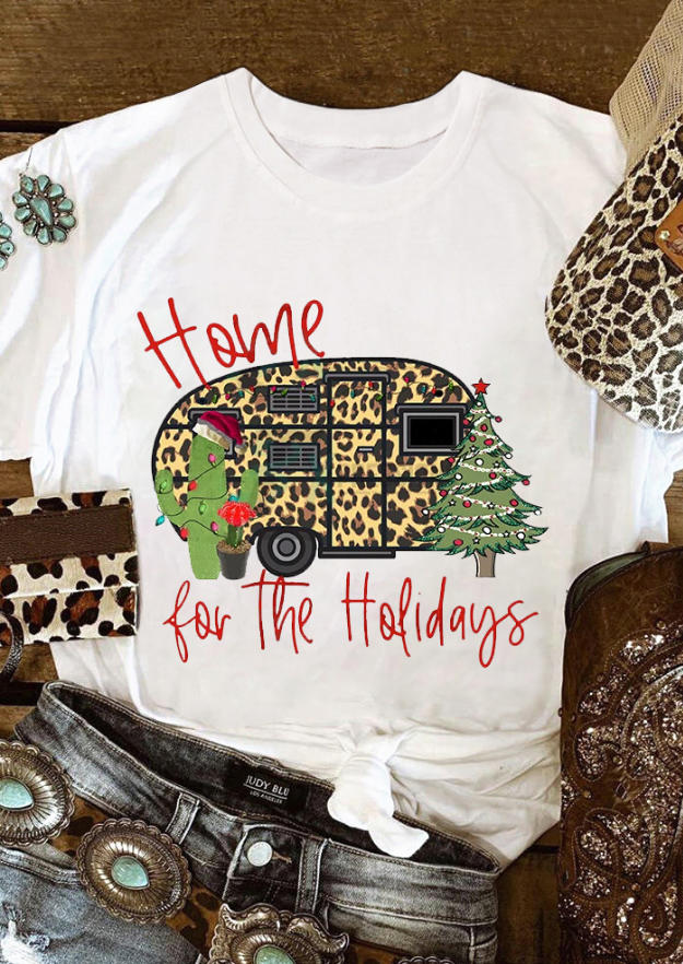 

Christmas Leopard Home For The Holiday T-Shirt Tee - White, 521392