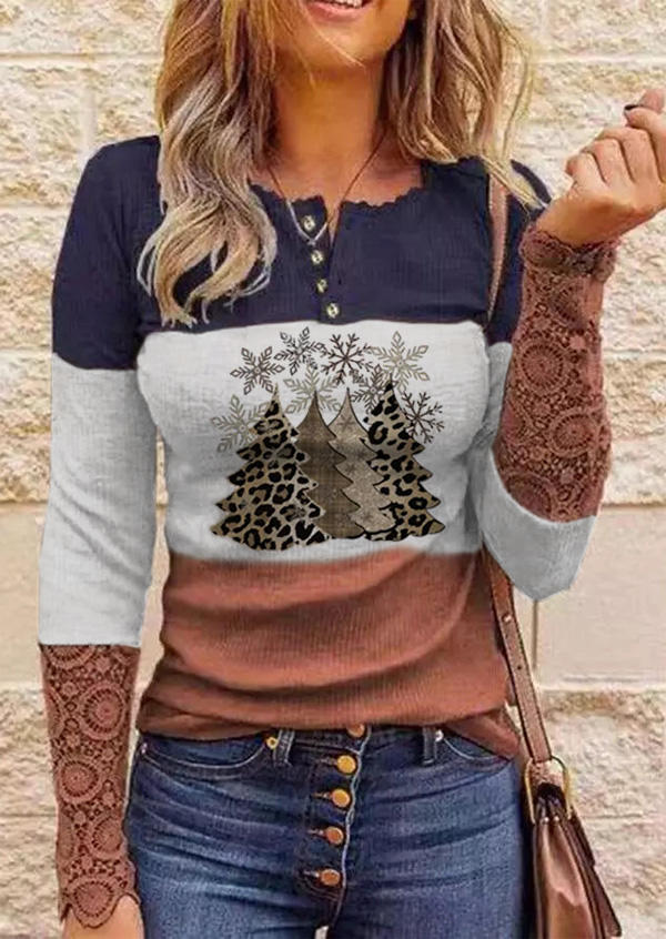 Lace Splicing Button Leopard Christmas Tree Snowflake Blouse