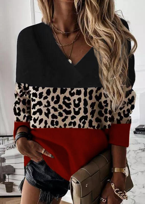 

Leopard Color Block Long Sleeve Blouse, Red, 521423