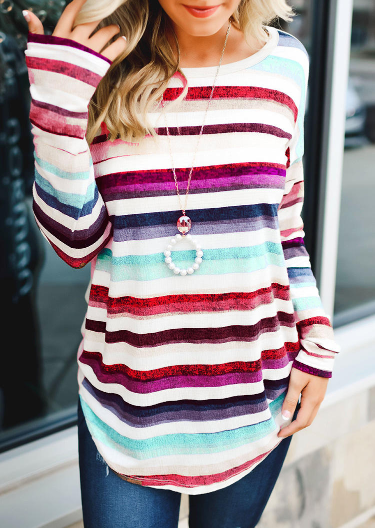 

Colorful Striped O-Neck Long Sleeve Blouse, Multicolor, 521425