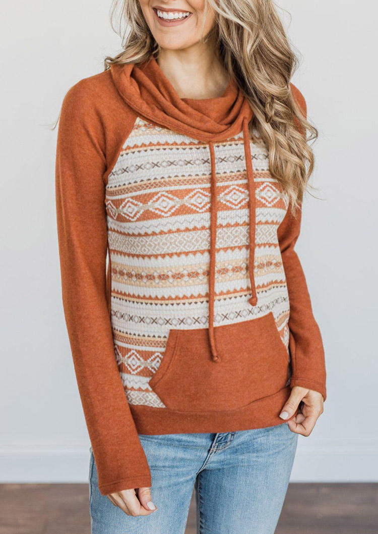 

Aztec Geometric Kangaroo Pocket Cowl Neck Sweatshirt - Orange, 520013