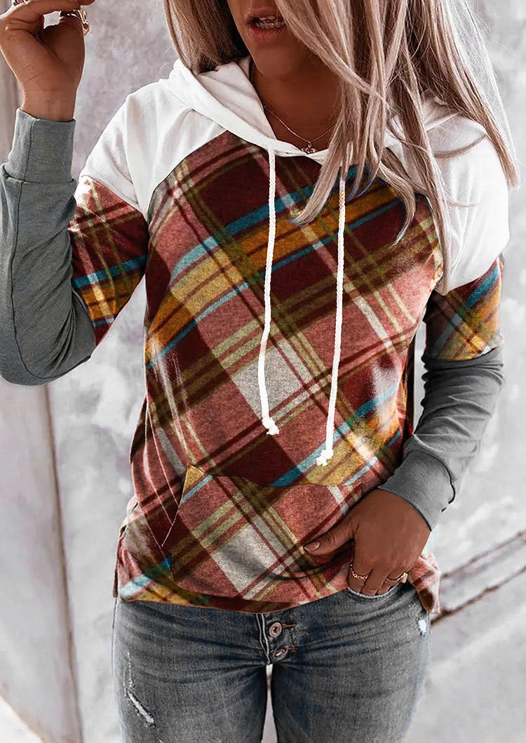 Buy Plaid Splicing Kangaroo Pocket Drawstring Hoodie. Picture