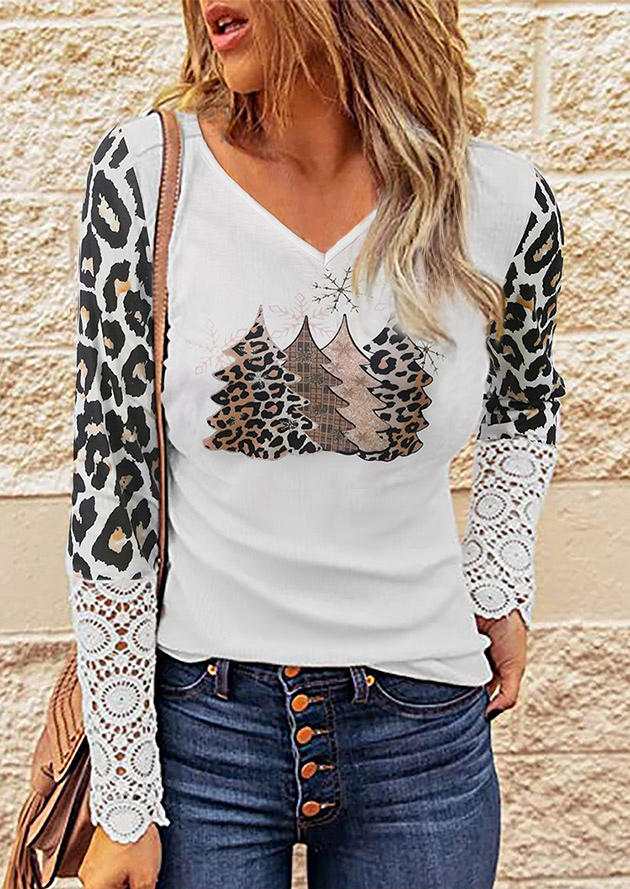 Lace Splicing Leopard Christmas Tree Blouse - White