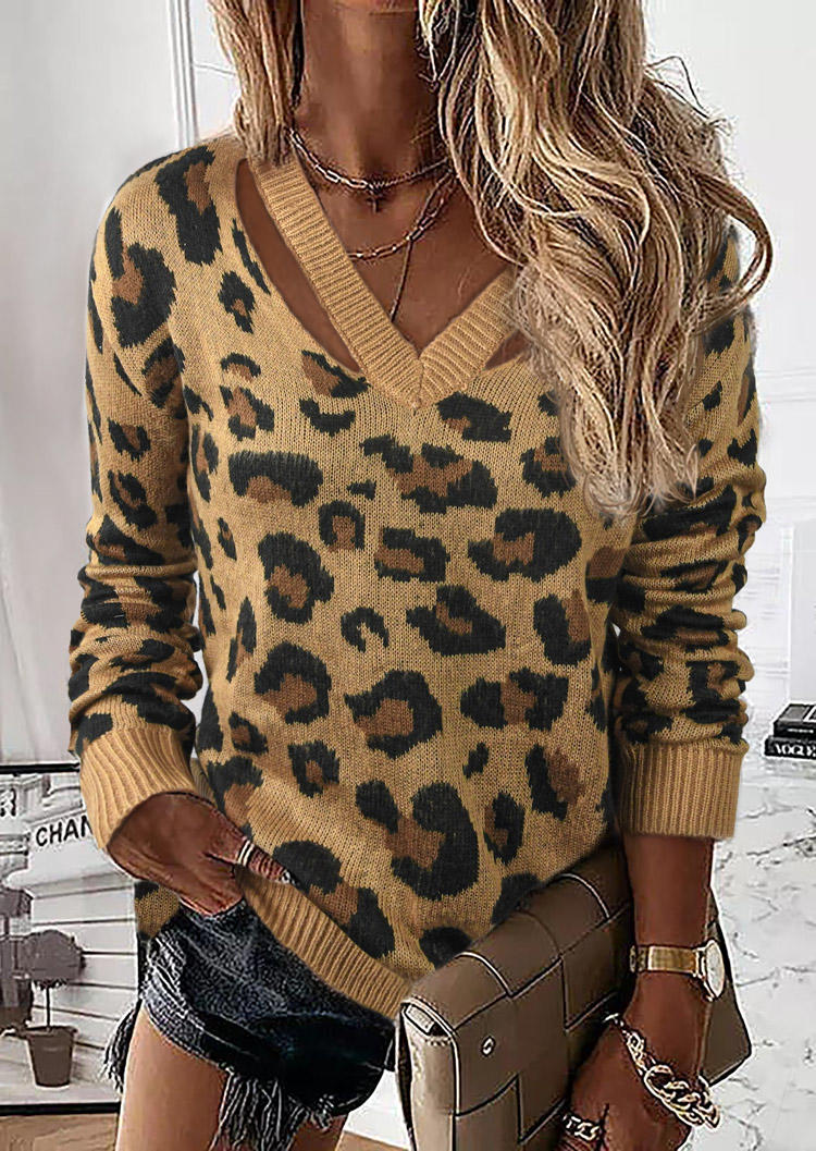 

Hollow Out Leopard V-Neck Sweater, 520812