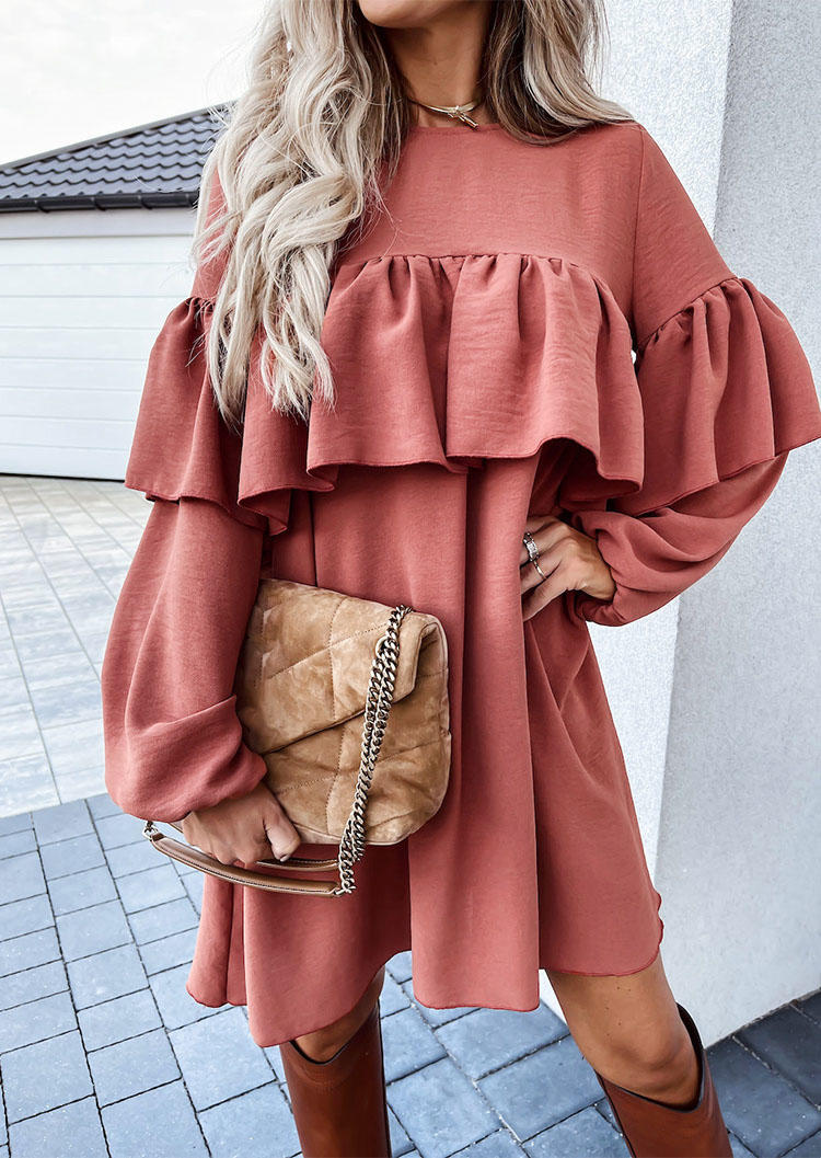 

Ruffled Long Sleeve Mini Dress - Cameo Brown, 520885