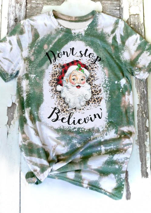 Buy Don't Stop Believin' Santa Claus Bleached T-Shirt Tee. Picture