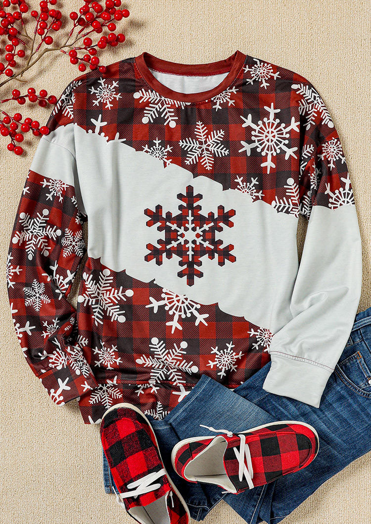 Snowflake Plaid Long Sleeve Sweatshirt