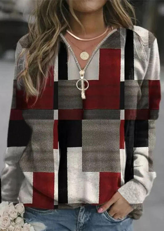 

Zipper Plaid Long Sleeve Blouse, Multicolor, 520917