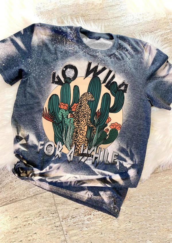 Go Wild For A While Cactus Leopard Bleached T-Shirt Tee - Blue