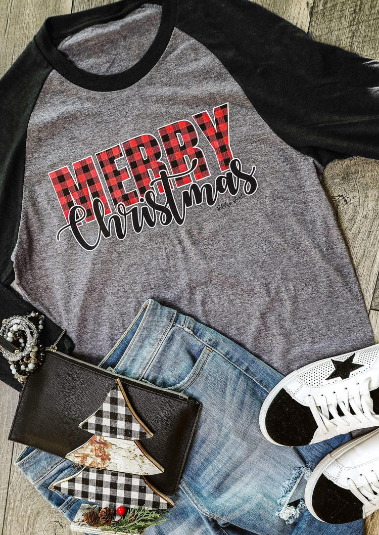 Buy Merry Christmas Plaid T-Shirt Tee - Gray. Picture