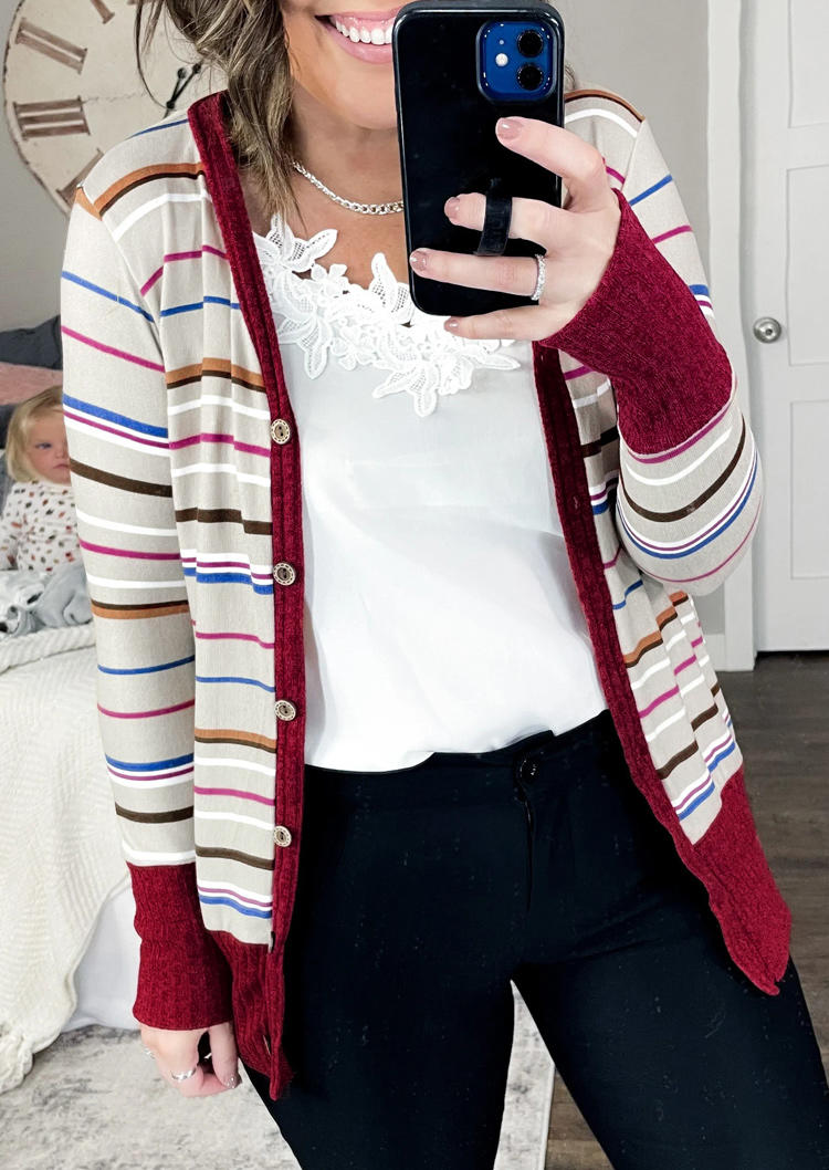 

Colorful Striped Button Long Sleeve Cardigan, Multicolor, 520931