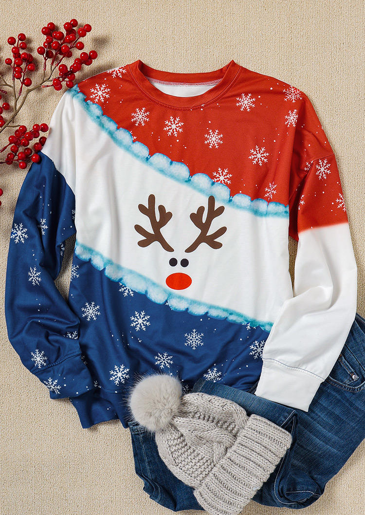 Christmas Reindeer Snowflake Color Block Sweatshirt